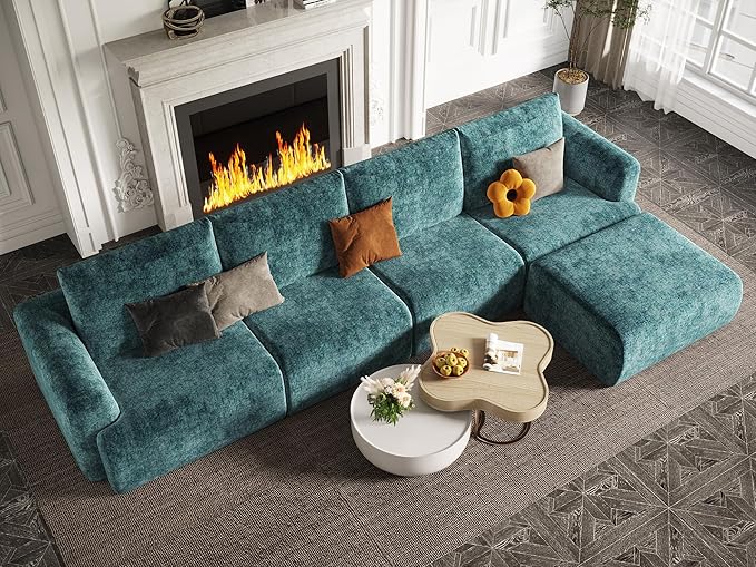 EASE MOOSE Cloud Couch Sectional Sofa, Large L-Shaped Oversized Modular Couch for Living Room, Minimalist Boneless Convertible Couches with Ottoman, 5-Seat Deep Sofas for Bedroom, Chenille (Blue)