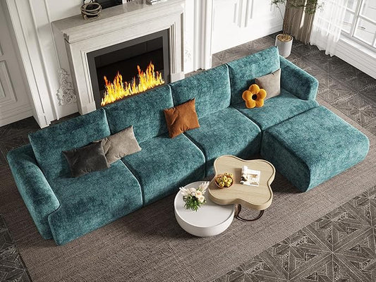 EASE MOOSE Cloud Couch Sectional Sofa, Large L-Shaped Oversized Modular Couch for Living Room, Minimalist Boneless Convertible Couches with Ottoman, 5-Seat Deep Sofas for Bedroom, Chenille (Blue)