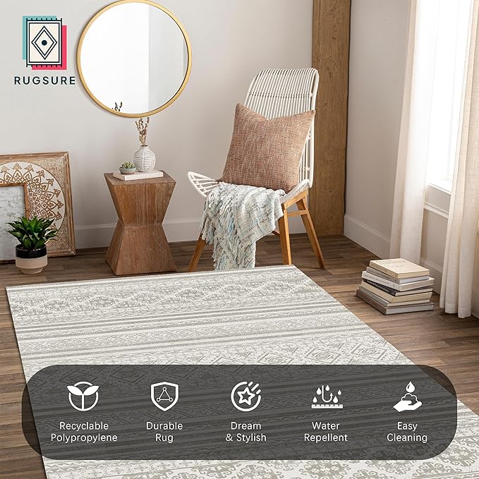RUGSURE Washable Area Rugs 9' x 12' - 1/6 Thick - Moroccan-Inspired -Stain & Water Resistant Non-Slip - Resistant Rug for Living Room, Bedroom, Nursery, Pet & Child Friendly (Grey)