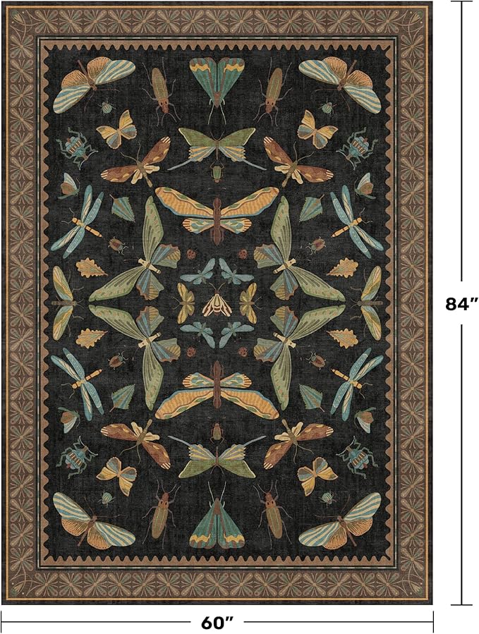 Washable 5x7 Black Rug for Living Room - Foyer Rugs for Entryway, Bedroom, Home Office, Gothic Witchy Insect Bug Floral Retro Indoor Décor