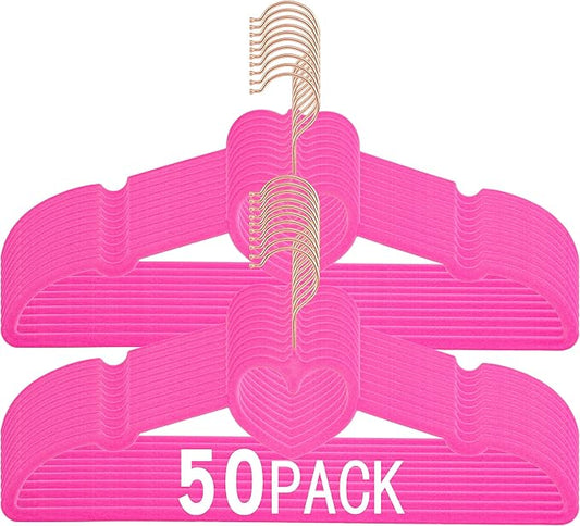 Hot Pink Velvet Hangers 50 Pack, Premium Non-Slip Heart Hanger, 360° Swivel Rose Gold Hooks, Space Saving Slim Hanger, Durable & Cute Clothes Hanger for Adult
