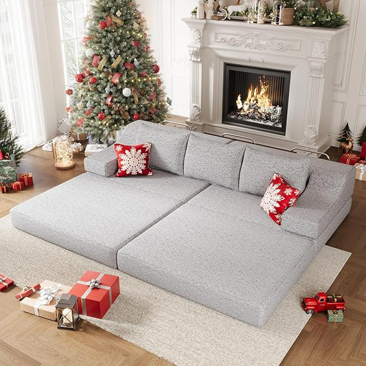 MEISSALIVVE 110.6" Convertible Sofa Bed,2-in-1 Modular Oversized Boneless Couch with Wide Armrest & Thick Cushion,Futon Sofa with Pull Out Bed for Living Room,Bedroom,No Assembly Required(Grey