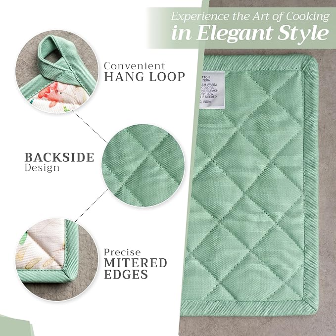 Maison d' Hermine 100% Cotton Oven Mitt & Pot Holder Set (7.5"x13" & 8"x8") Heat Resistant BBQ Cooking Gloves with Loop, Baking, Grilling, Kitchen, Handling Hot Pans Spring/Summer (Colmar)