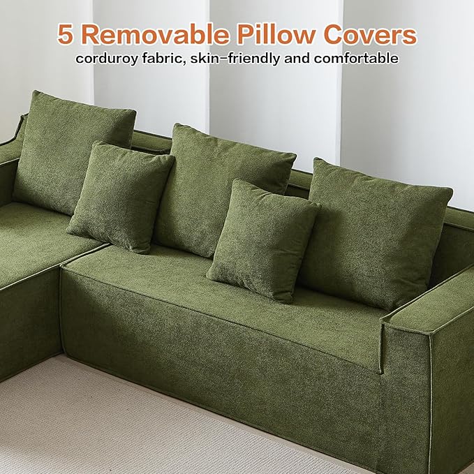 101" Boneless Couches for Living Room, Fully Memory Foam Sofa with Deep Seat, L Shape Sectional Couch Velvet Fabric, Compressed Sofa in a Box,No Assembly Required (Green)