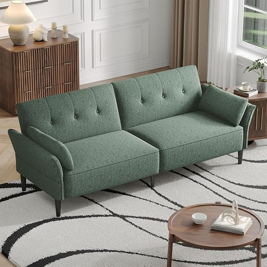 89” Futon Sofa Bed,Comfy Futon Couch Bed with 2 Square Pillows,Convertible Sleeper Sofa with Adjustable Backrest& Armrests, Modern Loveseat Sleeper for Living Room, Bedroom, Linen Green