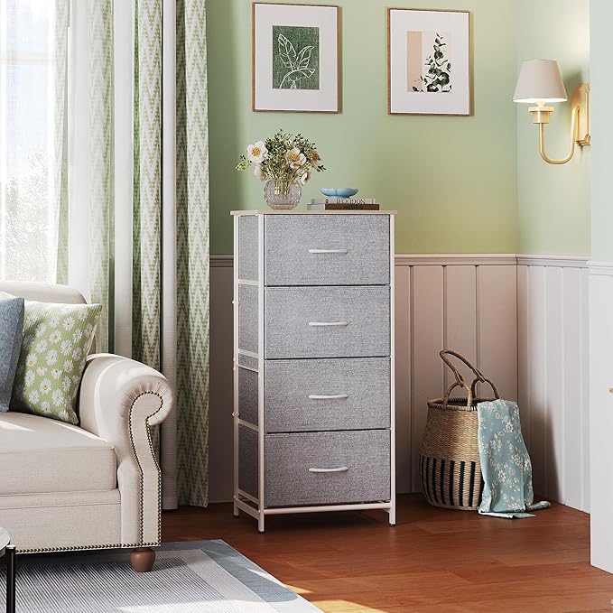 WLIVE 4 Drawers Dresser for Bedroom, Light Grey Fabric Clothes Storage Organizer Unit, Dresser for Hallway, Entryway, Closets, Sturdy Steel Frame, Wood Top