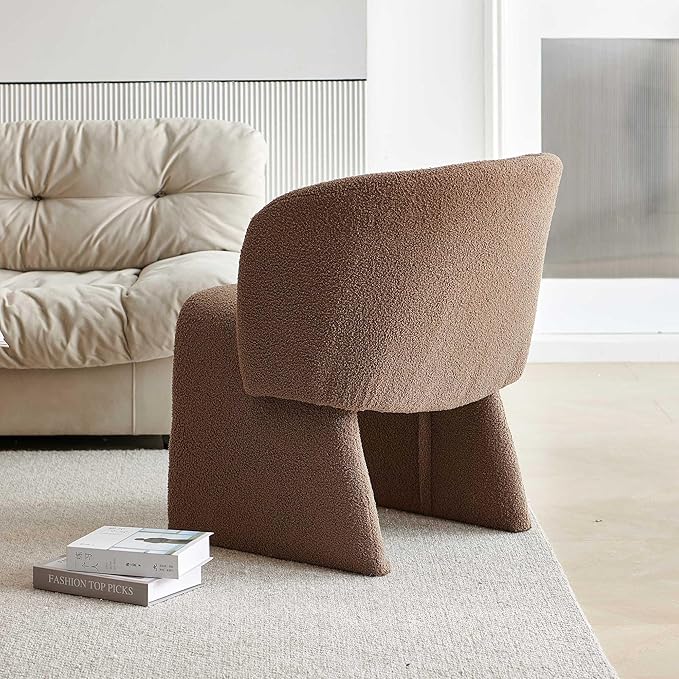 Modern Dining Chair Brown Upholstered Barrel Home Kitchen Chair with Metal Frame, Comfy Accent Chair Teddy Velvet Single Sofa Chair for Living Room,Bedroom