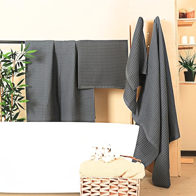 Püskül - Luxury Waffle Towel Set for Bathroom 4 Pieces Anthracite, Premium Quality Organic 100% Turkish Cotton 2 Hand and 2 Bath Towels, Quick Dry Thin Waffle Towels, Made in Turkiye (anthracithe)
