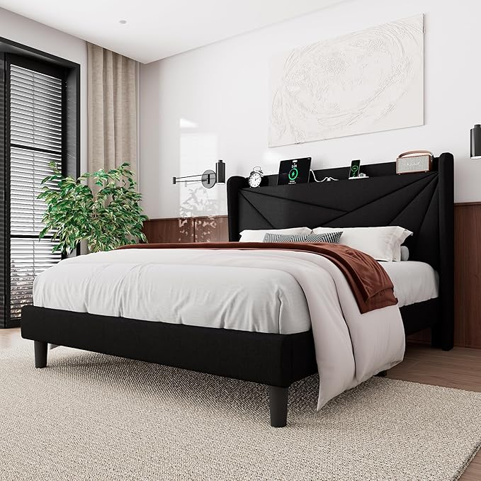 Feonase Full Size Bed Frame with Charging Station, Linen Upholstered Platform Bed Frame with Wingback Storage Headboard, Solid Wood Slats Support, No Box Spring Needed, Noise Free, Black