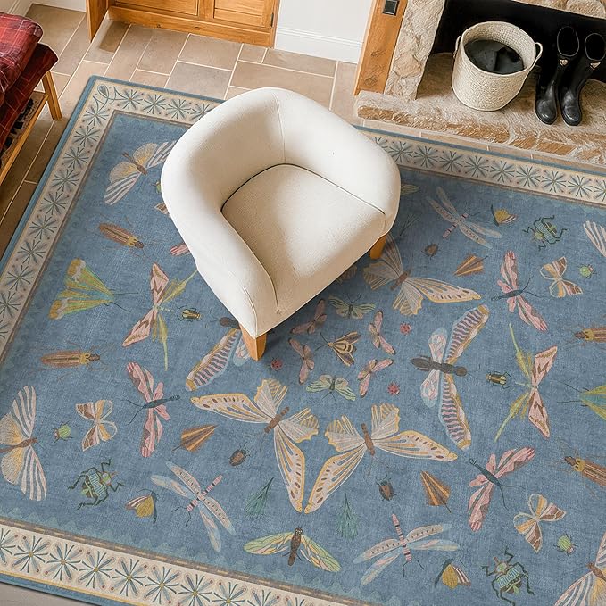 Modern Rugs for Living Room - 5x8 Moth Blue Carpet for Bedroom Under Bed, Girls Room Rug for Kids, Washable Non Slip Soft Floor Décor