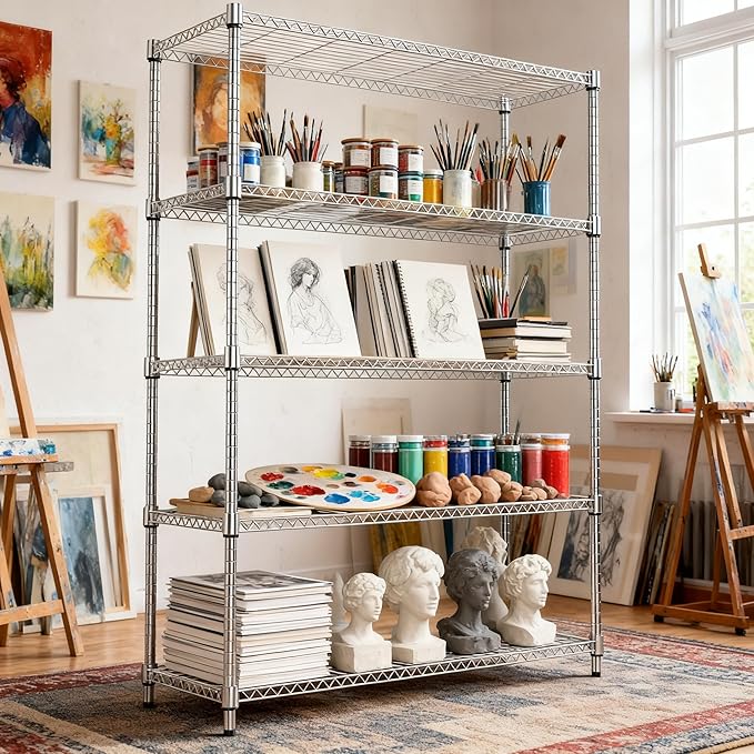 5 Tiers Shelf 1750 lbs Steel Storage Shelving Utility Shelving Unit Steel Organizer Wire Rack for Home,Kitchen,Office,Garage Chrome 17.7" D x 47.2" W x 72.4" H