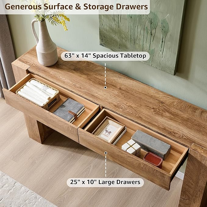 OKD Modern Entryway Console Table, Sofa Table with Drawers, 63" Long Hall Table Behind Couch, Thick Wood Design for Living Room, Hallway - Light Knotty Oak