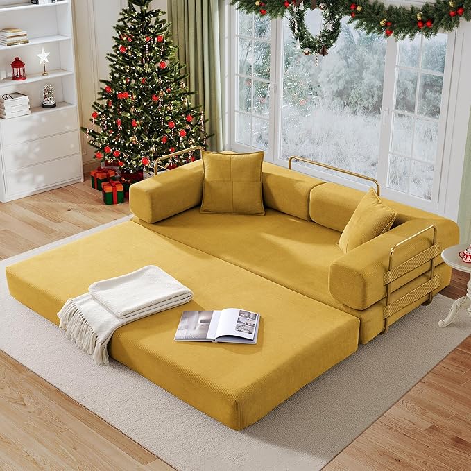 Antetek Convertible Futon Sofa Bed, 3-Seater Modern Corduroy Foam Floor King Size Bed Foldable Sleeper Lounge Loveseat Sofa Couch with 2 Throw Pillows for Living Room Bedroom Guest Room, Yellow