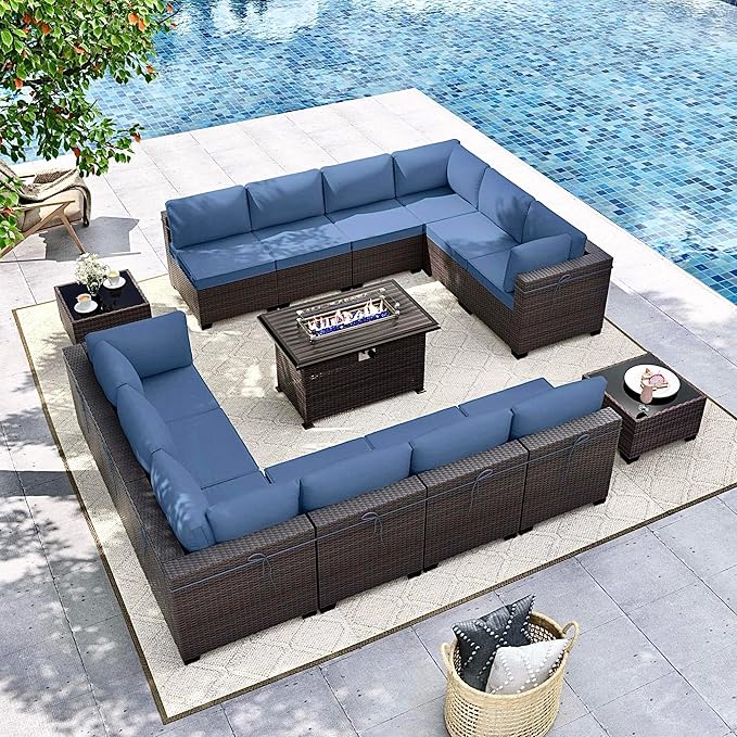 Gotland 15 Pieces Patio Furniture Set with Fire Pit Table, All Weather Rattan Outdoor Furniture with 29.5'' High Backrest 4’’ Thick Cushions Coffee Table, Patio Set for Porch, Deck, Backyard, Navy