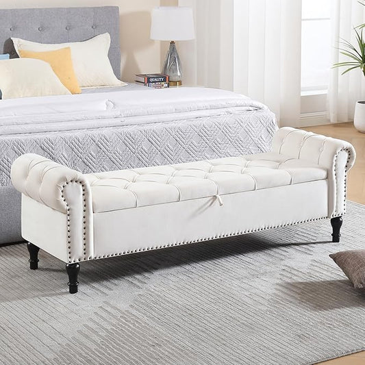 Velvet Storage Bench 67 Inch Upholstered Tufted Ottoman Bench with Arms Large Storage Space King Size End of Bed Benches for Bedroom Living Room Entryway Beige