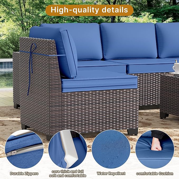 Gotland 13 Pieces Patio Furniture Set with Fire Pit Table Swivel Chairs, PE Rattan Outdoor Furniture Set with 29.5'' High Backrest 4’’ Thick Cushions Coffee Table, Patio Set for Porch, Deck, Navy