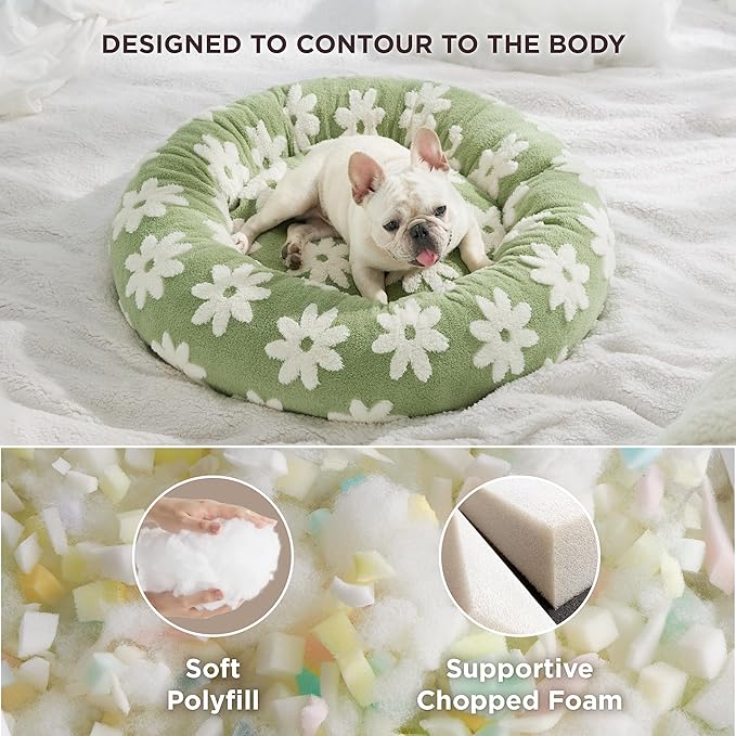 LE SURE Donut Medium Dog Bed - Round Cat Beds for Indoor Cats Calming Pet Beds, Cute Modern Beds with Jacquard Shaggy Plush & Anti Slip Bottom, 30 Inch, Green