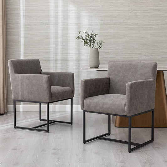 Set of 2 Upholstered Dining Chairs with Armrest, PU Leather Modern Accent Armchairs, Kitchen & Dining Room Chairs Side Chairs, Grey