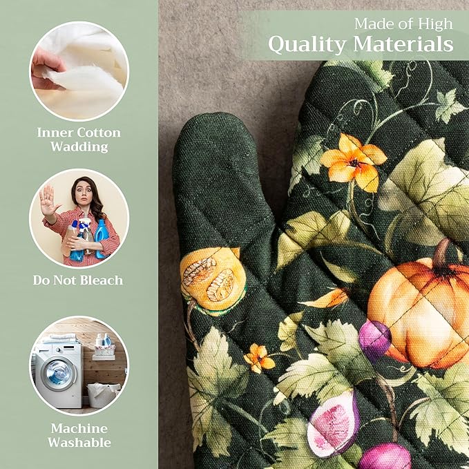 Maison d' Hermine Oven Gloves 100% Cotton Oven Mitt 7" x 13" with Loop Heat Resistant Cooking Gloves for Thanksgiving Christmas Decorations Handling Hot Pans (Pack of 1, Pumpkin Garden - Dark Green)