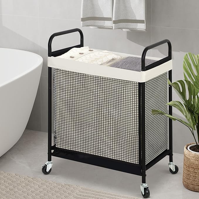 STO STO Laundry Hamper 2 Section, 100L Rolling Laundry Sorter Cart with Removable and Washable Liner Bag, Rolling Clothes Hamper with Metal Handle for Laundry Room and Bedroom