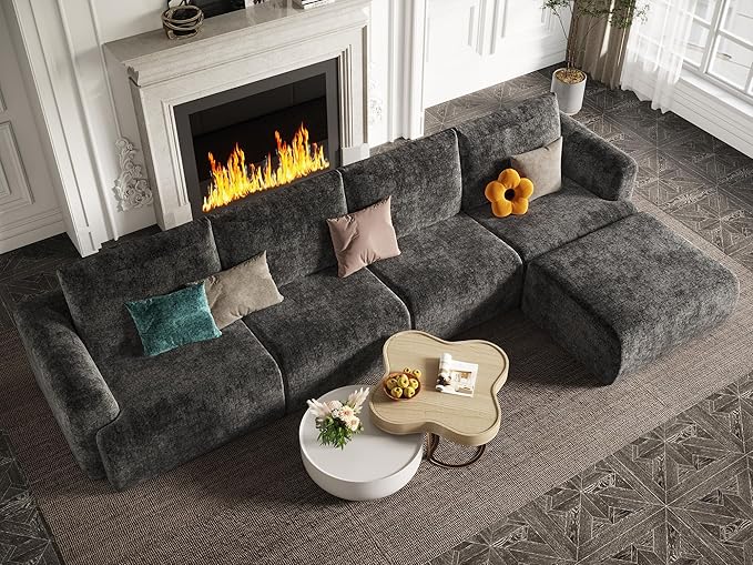 EASE MOOSE Cloud Couch Sectional Sofa, Large L-Shaped Oversized Modular Couch for Living Room, Minimalist Boneless Convertible Couches with Ottoman, 5-Seat Deep Sofa for Bedroom, Chenille (Dark Grey)