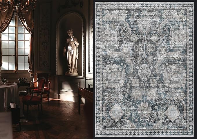 RUGSURE Washable Area Rugs - Perfect for Living Room, Bedroom, Kids Room, Nursery - Stain & Water Resistant Non-Slip, Pet & Child Friendly, Vintage Tribal Area Rugs (Grey and Blue, 6' x 9')