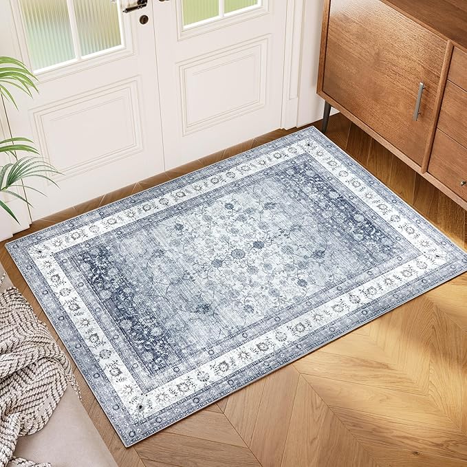 AMADA HOMEFURNISHING 2x3 Washable Area Rug, Low-Profile Entryway Rug with Non-Slip Backing & Durable Edge Binding, Vintage Rug Pattern, Small Rugs for Entryway, Kitchen & Living Room