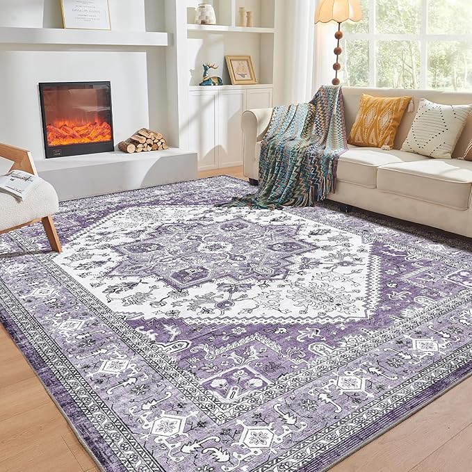 OPPODREAM Thin Area Rugs 3x5, Washable Rugs with Non Slip Backing, Low-Pile Throw 3x5 Carpet, Faux Cashmere 3 x 5 Carpet, Purple