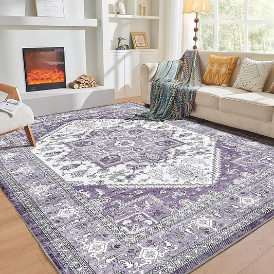 OPPODREAM Thin Area Rugs 9x12 Living Room, Washable Rugs 9x12 with Non Slip Backing, Faux Cashmere Low-Pile 9 x 12 Carpet, Purple