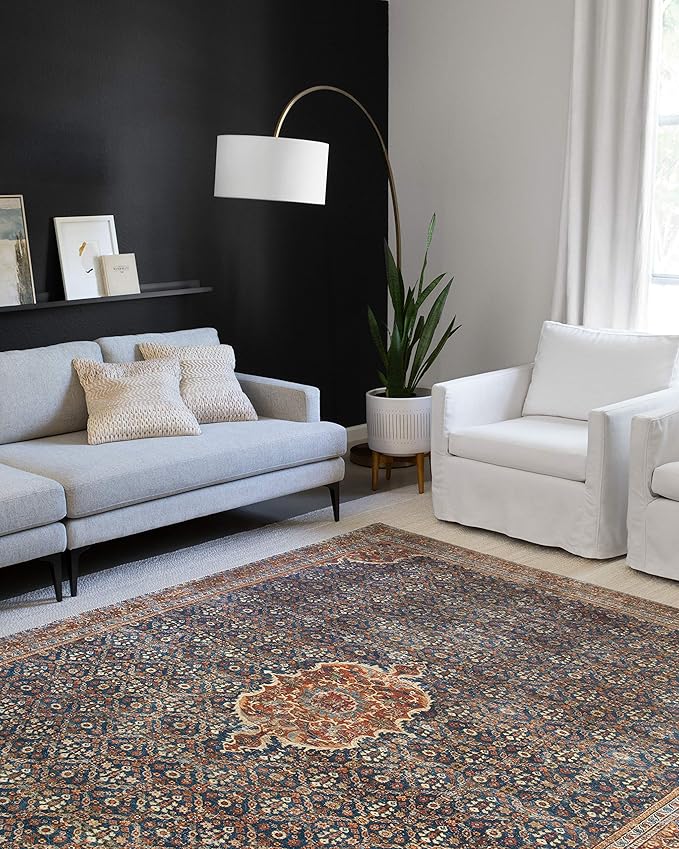 Loloi Layla Collection LAY-09 Cobalt Blue/Spice 7'-6" x 9'-6" .13" Thick Area Rug, Soft, Durable, Vintage Inspired, Distressed, Low Pile, Non-Shedding, Easy Clean, Printed, Living Room Rug