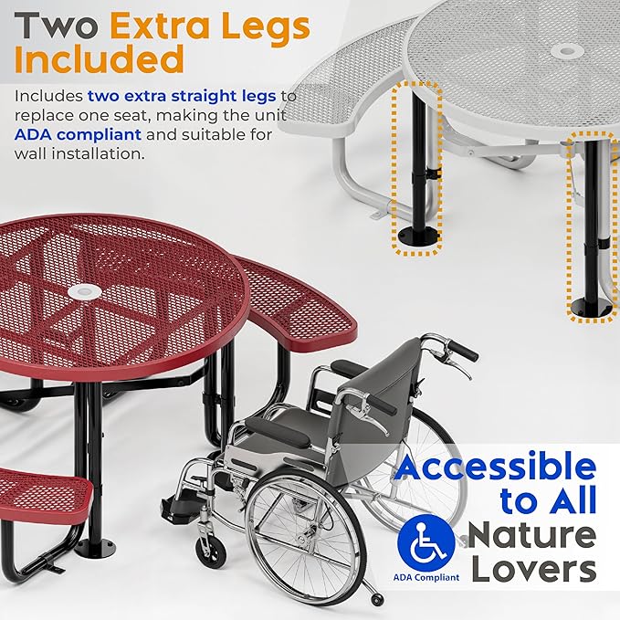 Metal Picnic Tables for Outdoors with Umbrella Hole - Coated Steel Heavy Duty Commercial Grade Furniture Set with Adjustable Seats (Red, 46 in, Round, Expanded Steel)