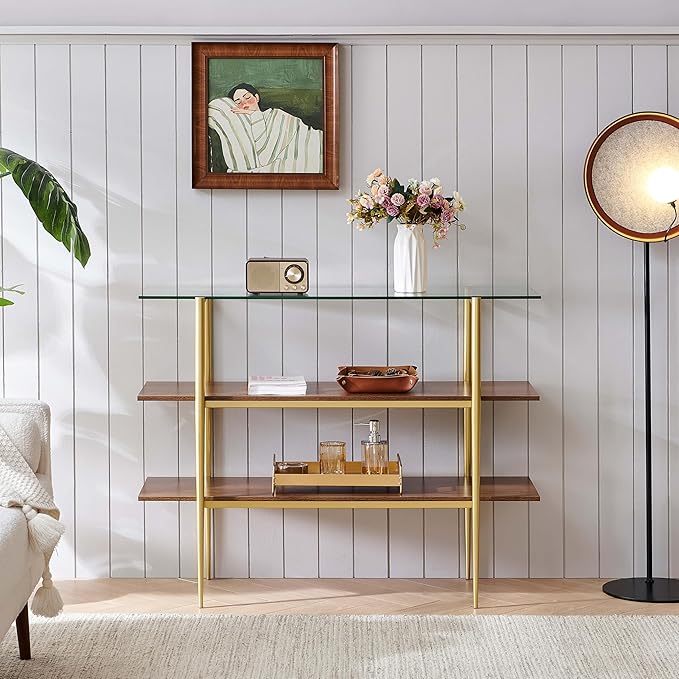 Glass Console Table for Living Room, Foyer & Entrance, H41 x W14 x H31inch, 3-Tier Mid-Century Modern Sofa Table with Clear Glass Top, Walnut Finish Wood Shelf and Gold Finish Frame