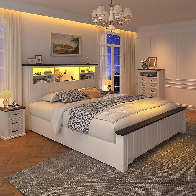 EnHomee Full Size Bed Frame with Headboard, Full Bed Frame with 4 Drawers Charging Port & LED, Farmhouse Bed Full Built in Charging Station,No Box Spring Needed,NO Noise,White with Grain Marks