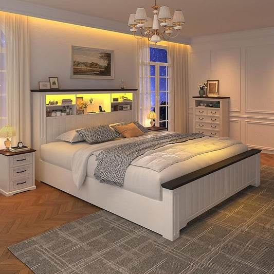 EnHomee Full Size Bed Frame with Headboard, Full Bed Frame with 4 Drawers Charging Port & LED, Farmhouse Bed Full Built in Charging Station,No Box Spring Needed,NO Noise,White with Grain Marks