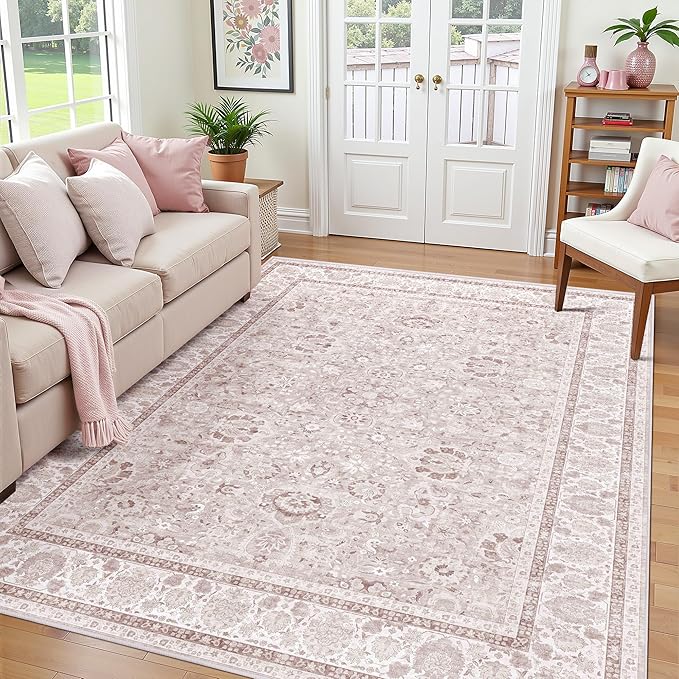 Pink Nursery Rug Large Area Rugs for Living Room Vintage Rug Boho Floral Washable Area Rugs 8x10 Indoor Carpet for Bedroom Dining Room Kids Room