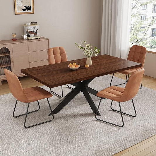 5-Piece Dining Table Set with 51"-67" Extendable Walnut Wood Table and 4 Brown PU Leather Chairs, Modern Rectangular Kitchen Table Set with Metal Legs, Space Saving Dining Room Furniture for 4