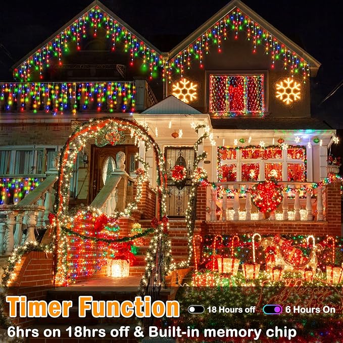 Hezbjiti Christmas Decorations Lights Outdoor, 400 LED 32.8 FT 8 Modes 75 Drops Fairy String Curtain Lights for Christmas Decor Eaves Window Party Yard Garden Indoor (Multicolor, 400LED 33FT)