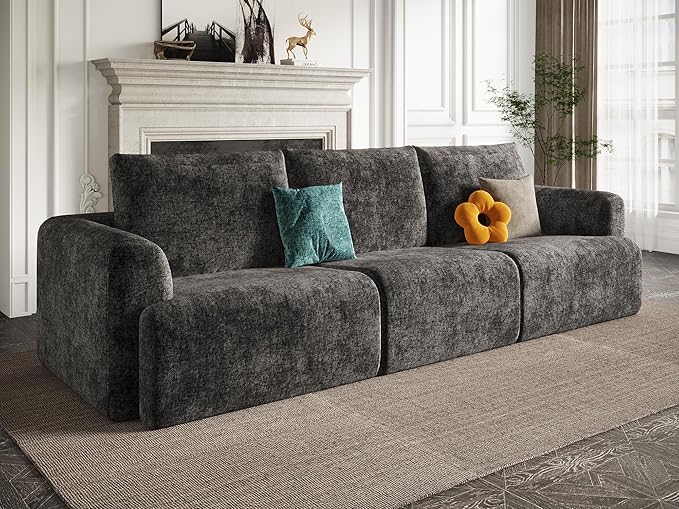 EASE MOOSE Boneless Couch for Living Room, Sectional Cloud Sofa, Modular Cloud Couch, 3-Seater Deep Seat Sofas with Pillow for Bedroom, Apartment, No Assembly Required, Chenille (Dark Grey)