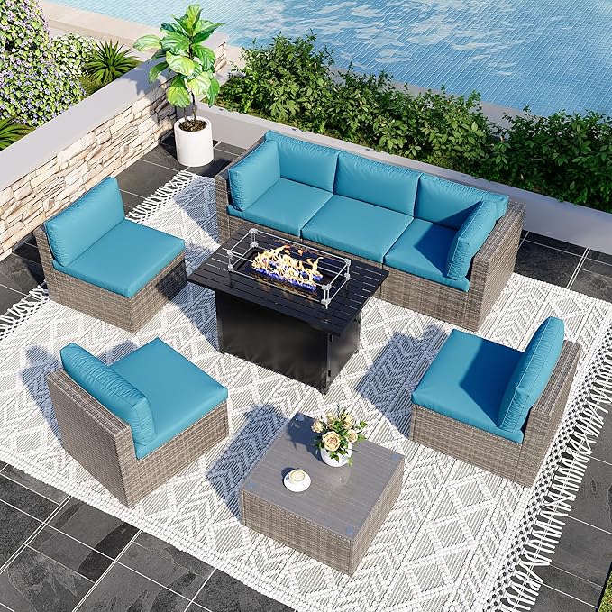 8 Pieces Outdoor Patio Furniture Set with 43" Fire Pit Table, Wicker Outdoor Patio Sectional Sofas with Coffee Table and Cushions, All-Weather Patio Conversation Set for Backyard Garden, Light Blue