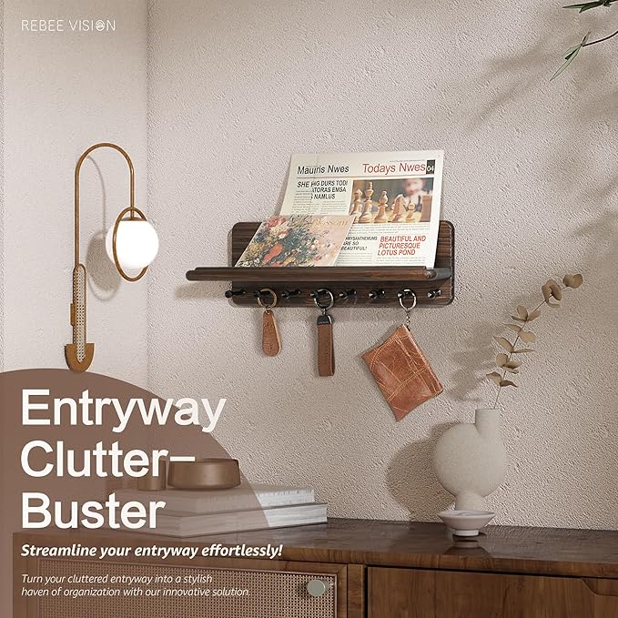 Rebee Vision Retro Key Holder Wall Mount for Room Decor – Farmhouse Key Hanger with 8 Durable Hooks & Floating Shelf for Coat Rack – Mail Organizer for Entryway, Wall Decor, or Office Decor (Brown)