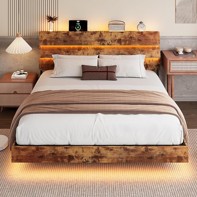 Floating Bed Frame King Size with Led Headboard and Charging Station, Metal Platform Bed Base with Storage, Remote Control, Heavy Slats Support, No Box Spring Needed, Noise Free, Vintage Brown