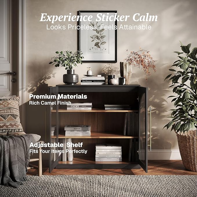 BELLEZE Modular Sideboard with Arched Glass Door, Accent Display Buffet Cabinet with Storage and Adjustable Shelves,Classic Modern Credenza for Dining Room Living Room Entryway (Ebony)