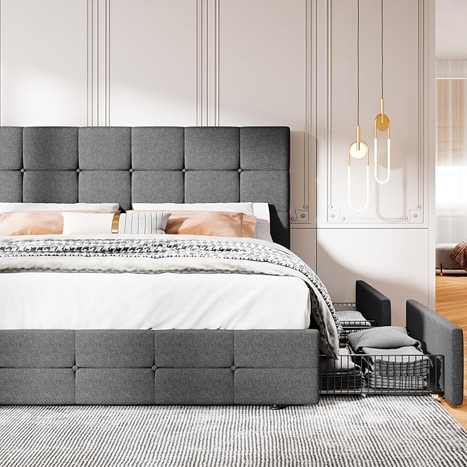 MUTICOR King Size Bed Frame with 4 Storage Drawers, Upholstered Platform Bed with Button Tufted Adjustable Headboard, No Box Spring Needed, Easy Assembly, Square Tufted, Dark Grey Fabric