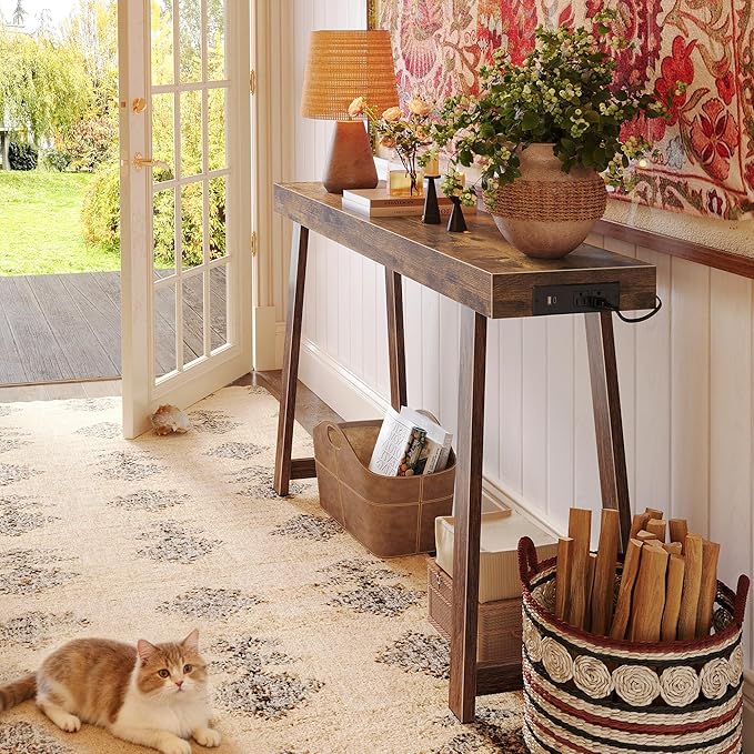 Huuger Entryway Console Table with Charging Station, USB-C Port, 47.2 Inch Sofa Table with Metal Legs, Entry Hallway Table with Thicker Desktop, Modern Behind Couch Table, Rustic Brown