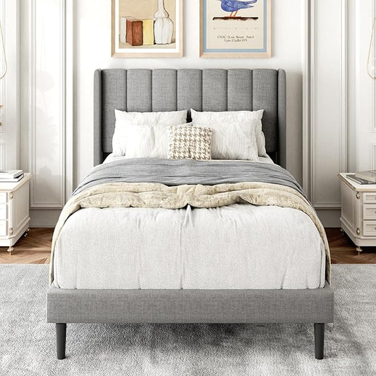 Twin Bed Frames with Wingback Headboard, Upholstered Platform Beds, No Box Spring Needed Sturdy Wooden Slat Support, Easy Assemble, Light Gray