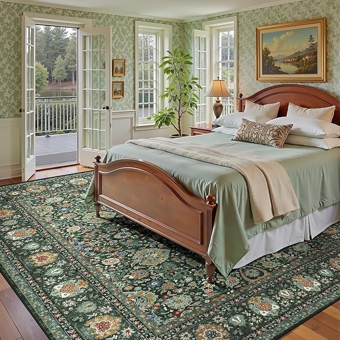 9x12 Rugs for Bedroom, Vintage Washable Rugs Non Slip Large Area Rug for Living Room Dining Room Office, Floor Decoration Big Rug Carpet Low-Pile Kid & Pet Friendly(Dark Green