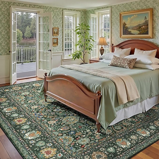 9x12 Rugs for Bedroom, Vintage Washable Rugs Non Slip Large Area Rug for Living Room Dining Room Office, Floor Decoration Big Rug Carpet Low-Pile Kid & Pet Friendly(Dark Green