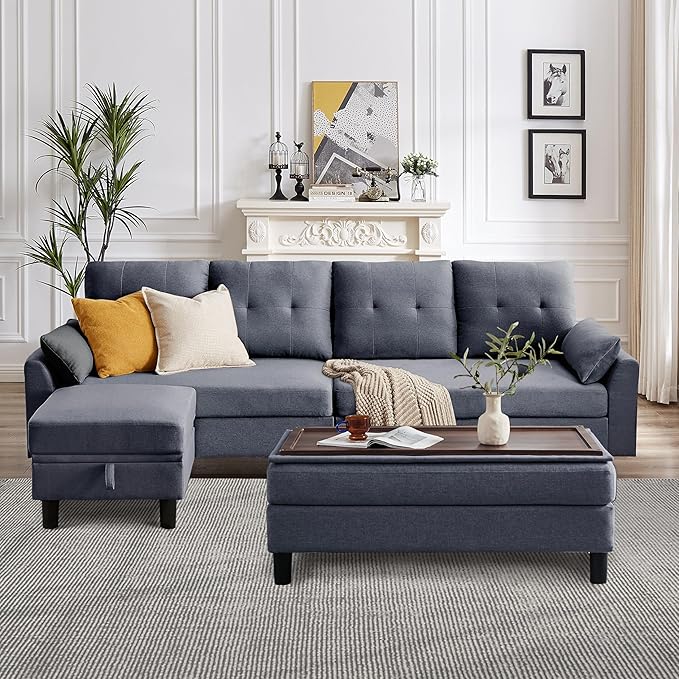 102" L-Shape Sofa Couch, Couch with Ottoman Coffee Table, 4 Seat Modern Sofa with Removable Cover for Apartment and Living Room, Light Grey