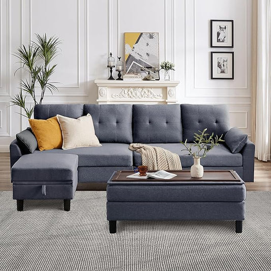 102" L-Shape Sofa Couch, Couch with Ottoman Coffee Table, 4 Seat Modern Sofa with Removable Cover for Apartment and Living Room, Light Grey