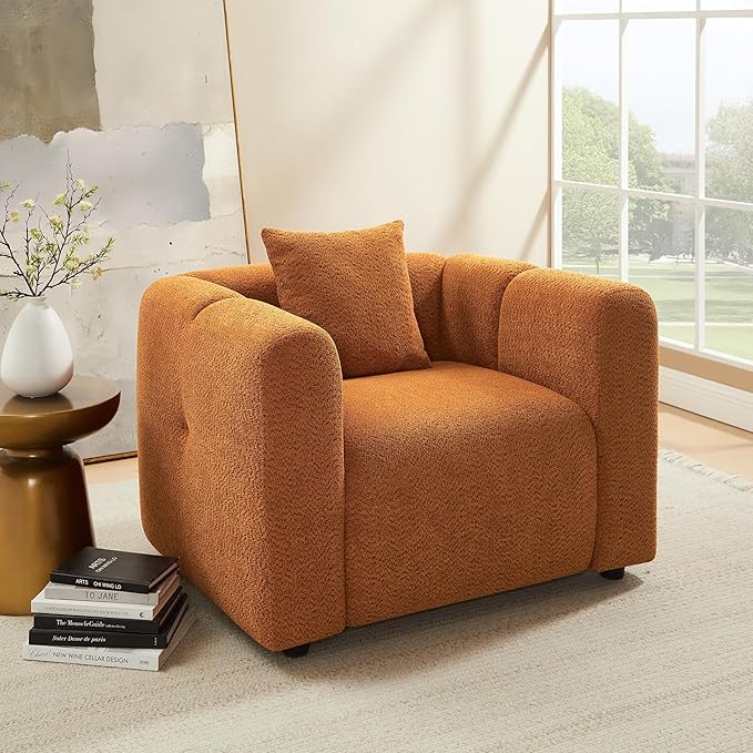 VANOMi 42" Accent Chair for Living Room Modern Upholstered Boucle Chair with Pillow Comfortable Mid Century Single Sofa Lounge Chair (Curry)